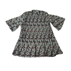 Zara Basic Dress Womens Size Medium Swing Floral Pleated Mini Dress Bell Sleeves
